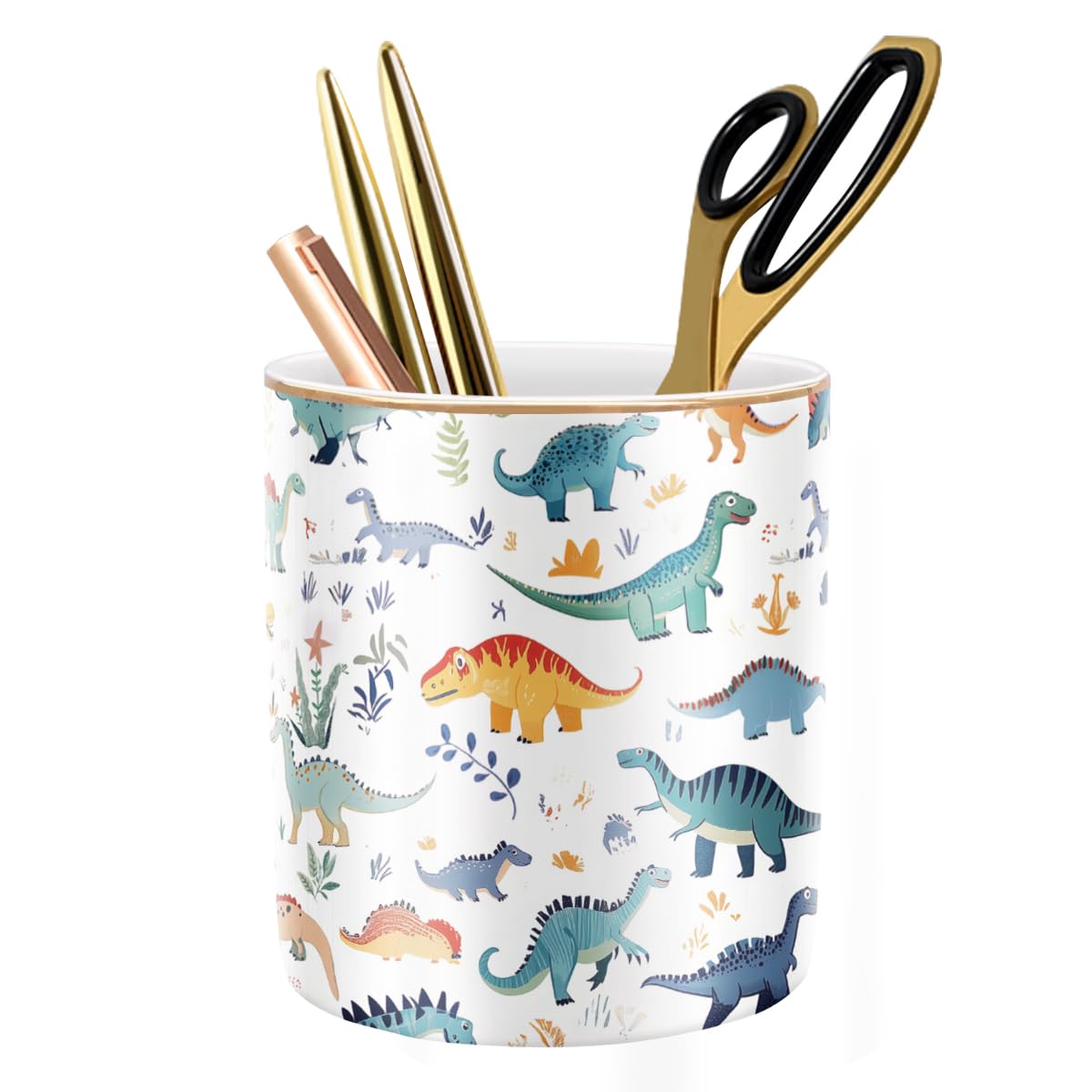 Large Capacity Colored Pen Holder for Desk, Ceramic Pencil Holder Pen Cup Marker Holder Makeup Brush Holders, Desk Accessories & Workspace Organizers for Home, Office, White Flower