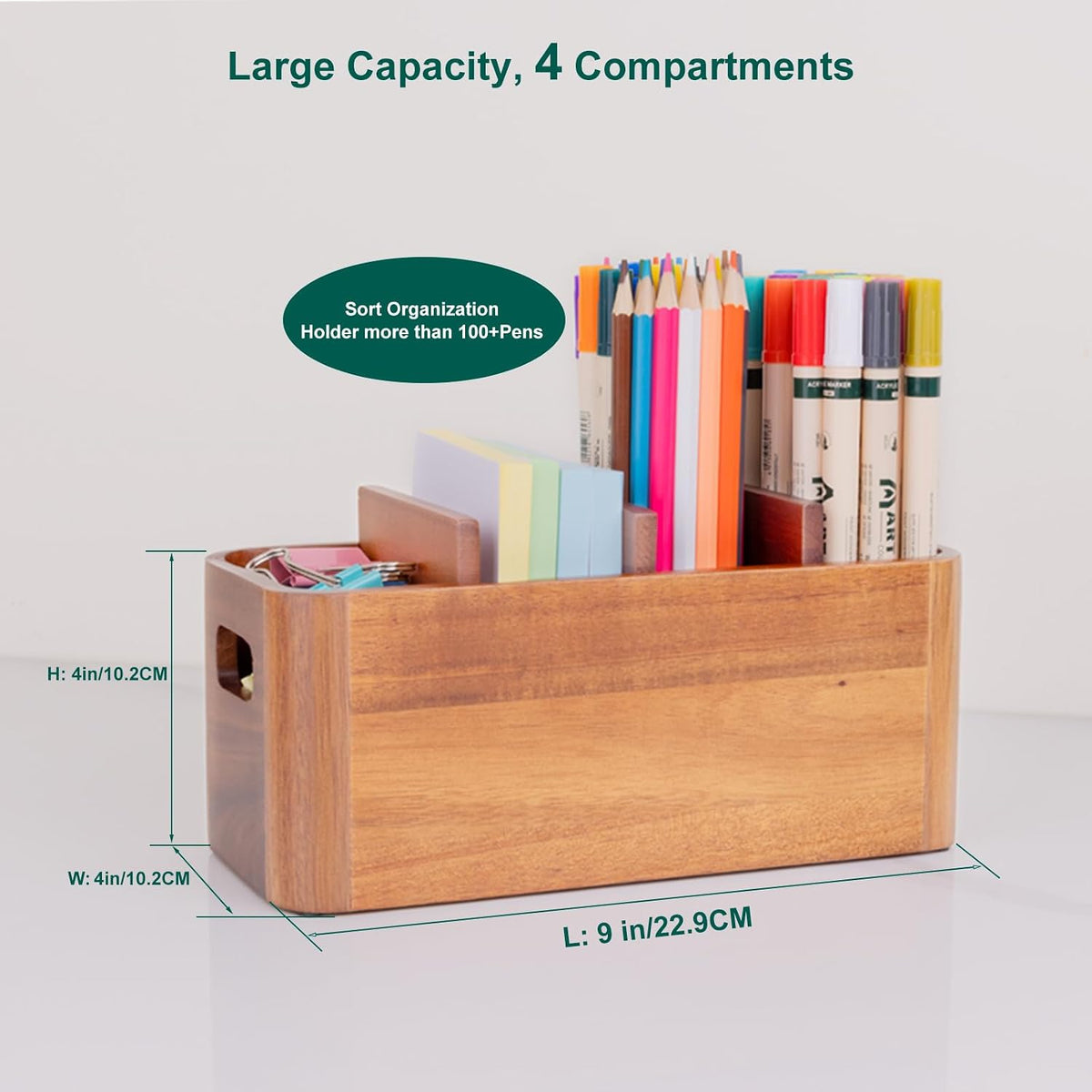 Acacia Wood Pen Holder for Desk, Adjustable Large 4 Cups Desk Organizer