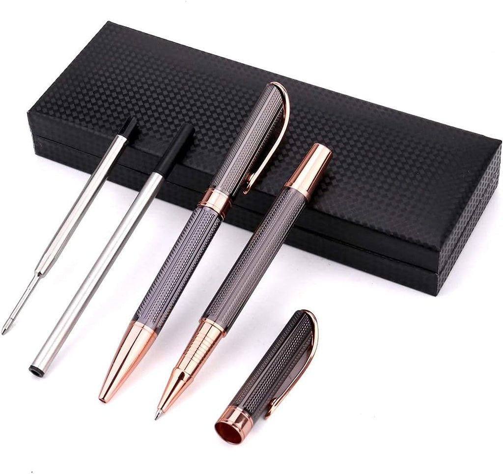 Ballpoint and Rollerball Pen Set, Stylish Line Engraved Metal Pen Elegant Smooth Writing Gift Pen (2 Pens with 2 Extra Refills)