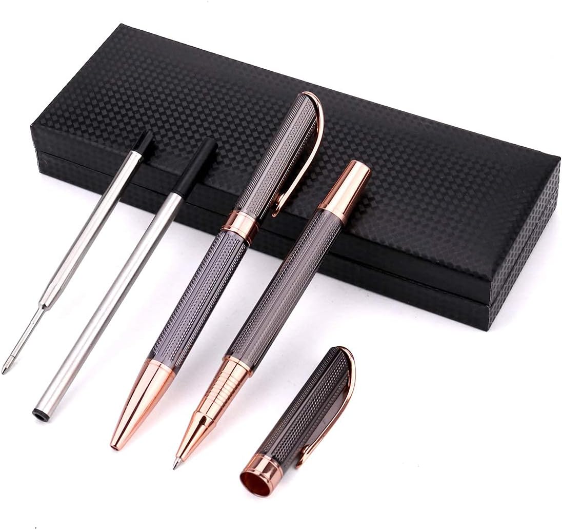Ballpoint and Rollerball Pen Set, Stylish Line Engraved Metal Pen Elegant Smooth Writing Gift Pen (2 Pens with 2 Extra Refills)