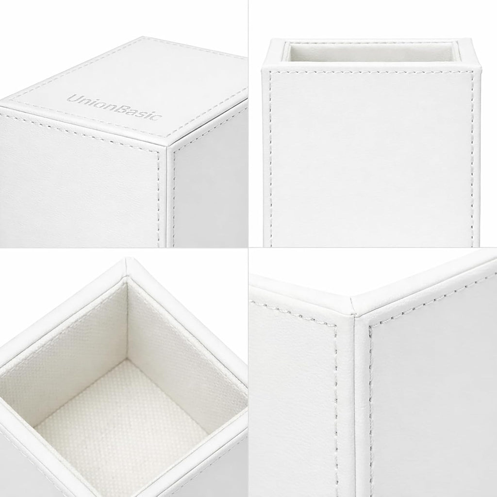 UnionBasic Square Pen Holder, Leather Pencil Cup, Desktop Caddy Stationery Organizer, White