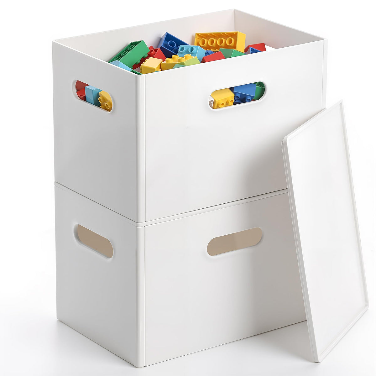 Plastic Storage Box with Lids, Stackable, 4 Side Handles, 2 Pack-M