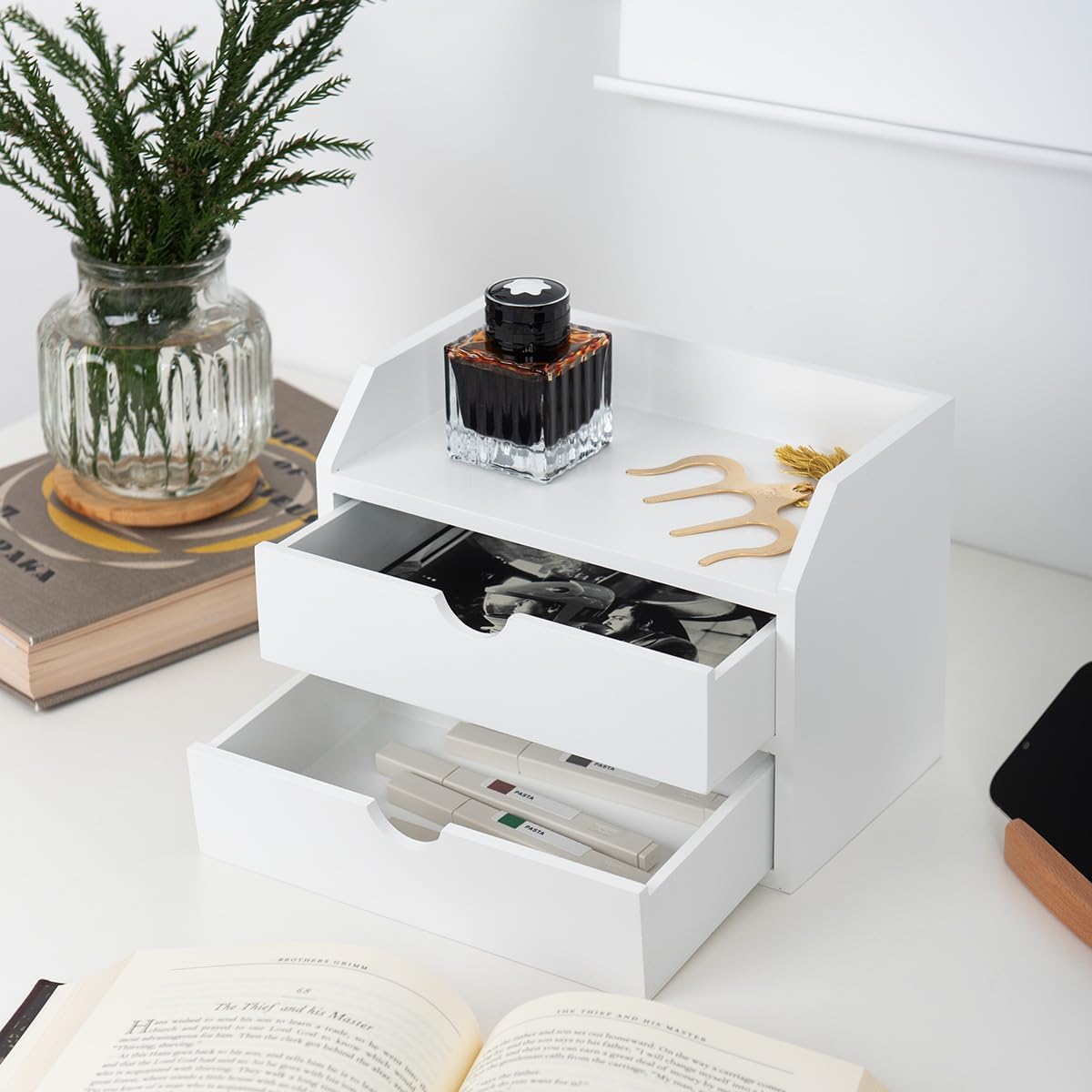 ROSE BLOOM White Wood Desk Organizer with 2 Drawers, Mini Cabinet with Storage Shelf for Tabletop, Small Box for Cosmetic Office Supplies