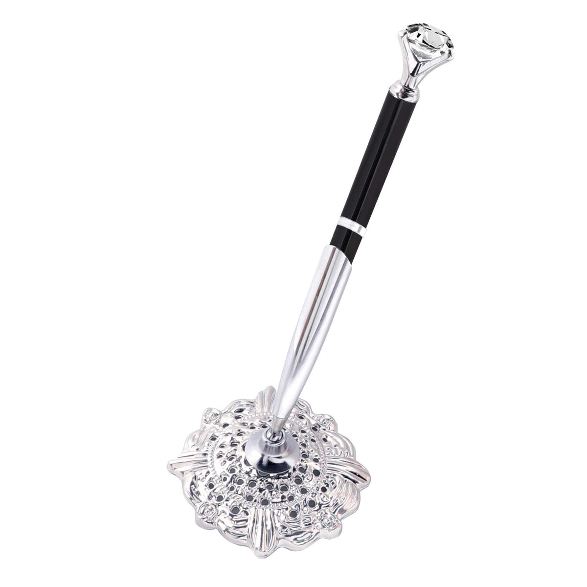 Hollow Round Pen Holder Signing Pen Set with Big Diamond Crystal Pen for Wedding Bridal Opening Ceremony Graduation Office, Silver(Black Ink)