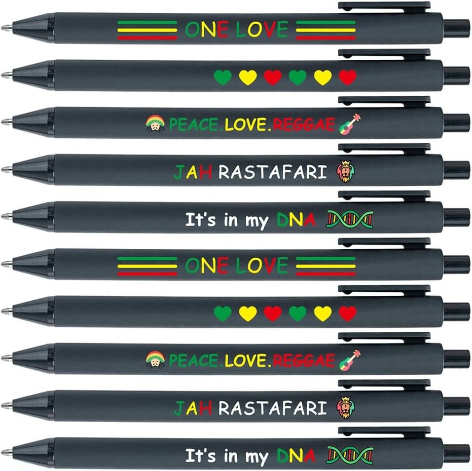 8 Pack Reggae Music Ballpoint Pens, Black Ink Peace Love Quote Writing Instruments for Jamaica Culture Fans, Stylish Stationery Set, Retractable Pens for Office Home Use