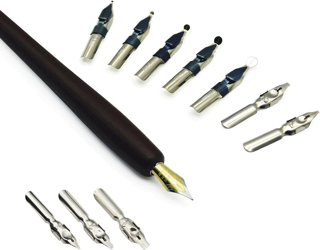 Plotube Calligraphy Pen Set, 11 Nibs, Black Ink, Pen Stand