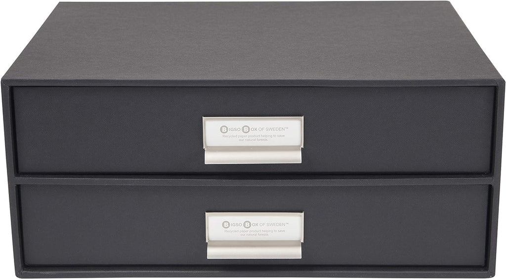 Bigso Box of Sweden Birger 2-Drawer Fiberboard Label Frame Document Letter Box | Desktop Drawers for Loose Papers, Documents & More with Metal Label Holder | 13.1" x 10" x 5.7" | White