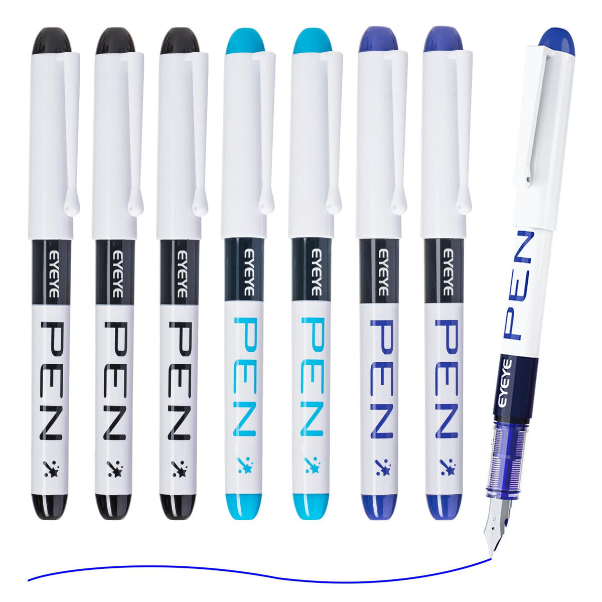 EYEYE Fountain Pens for Writing, 8 Pack Assorted Colors Fine Point Disposable Fountain Pens Stainless Steel Nib, Smooth Writing for Journaling, Drafting, Sketching, Doodling & Gifts