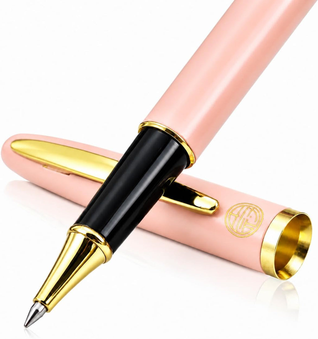 Luxury Gold Rollerball Pen, 24K Electroplated Exquisite Pen Body, Minimalist Fashion Style Gel Ink Pen, Portable Business Writing Pen Ideal for Office School Holiday Gifts (Pink)