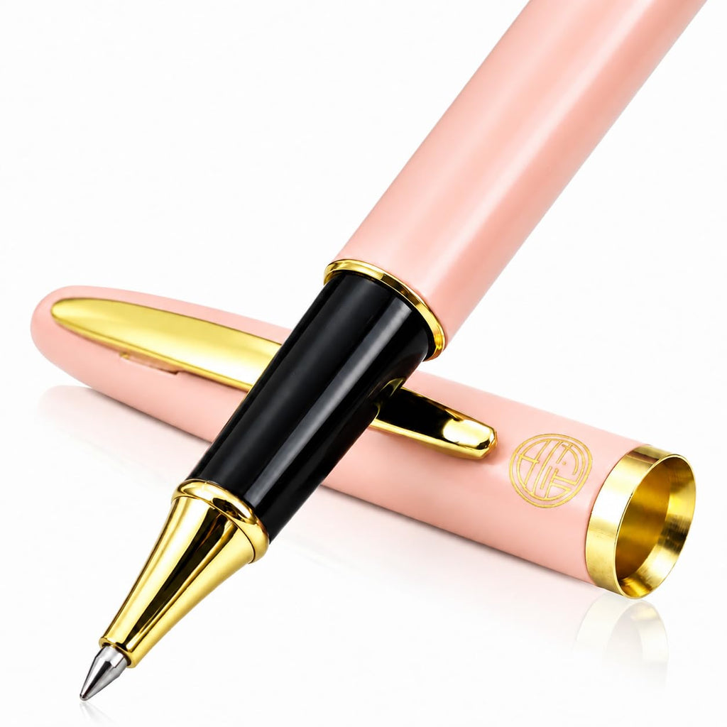 Luxury Gold Rollerball Pen, 24K Electroplated Exquisite Pen Body, Minimalist Fashion Style Gel Ink Pen, Portable Business Writing Pen Ideal for Office School Holiday Gifts (Pink)