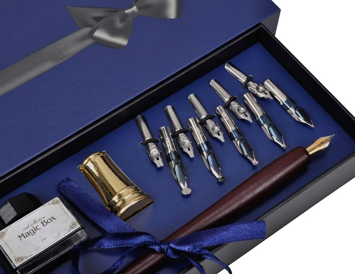 Plotube Calligraphy Pen Set, 11 Nibs, Black Ink, Pen Stand