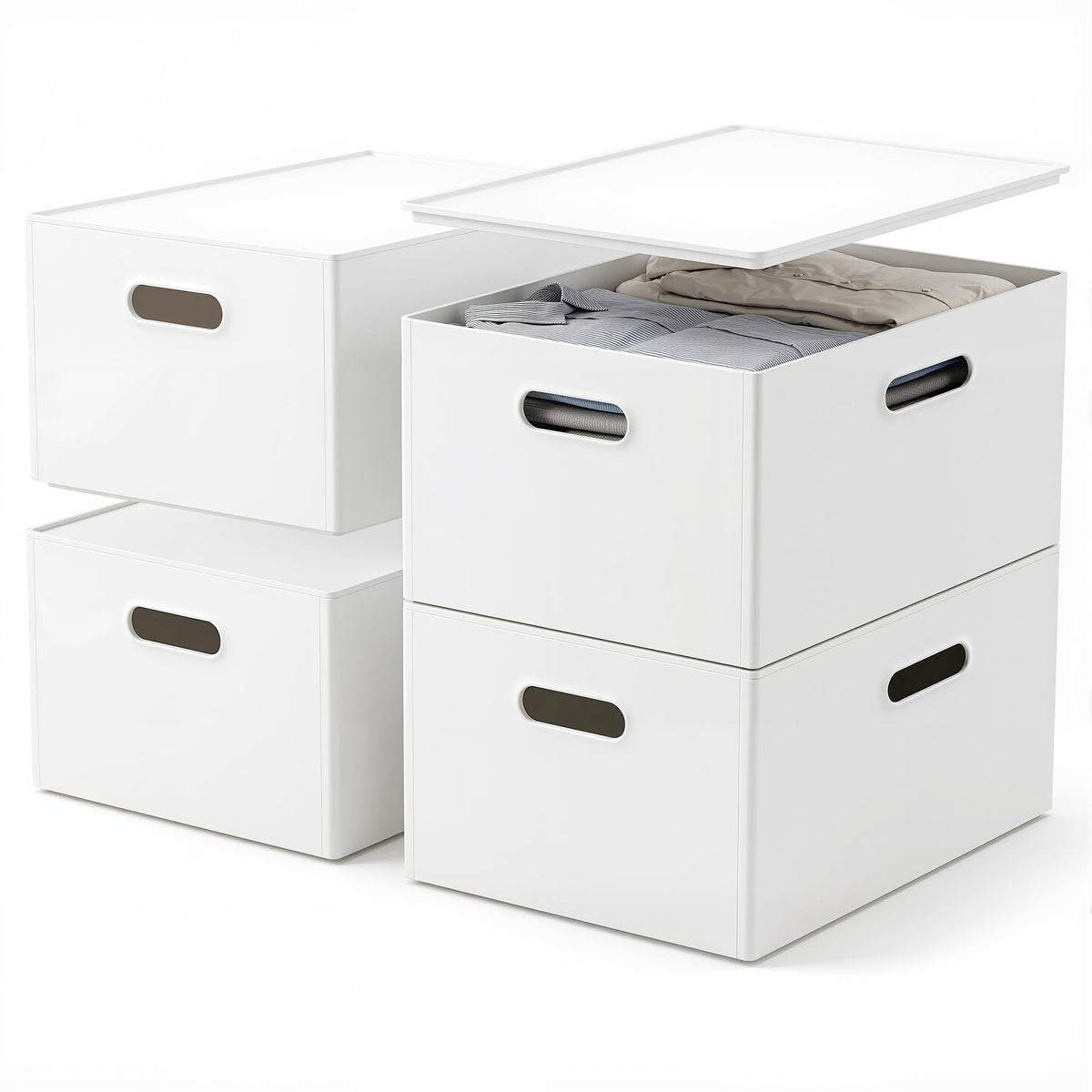 Plastic Storage Box with Lids, Stackable, 4 Side Handles, 2 Pack-M