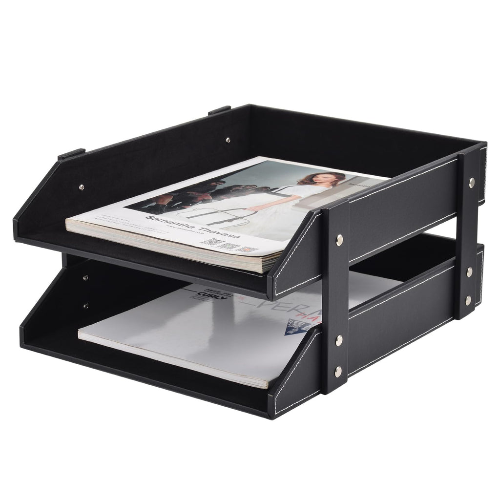 Leather Desk Organizer,2-Tier Stackable Letter Tray Holder,Office Supplies Desktop Storage Box for Document,Stationery,Magazines,Newspapers,Letters and Other Home Office Paper Sundries,Black