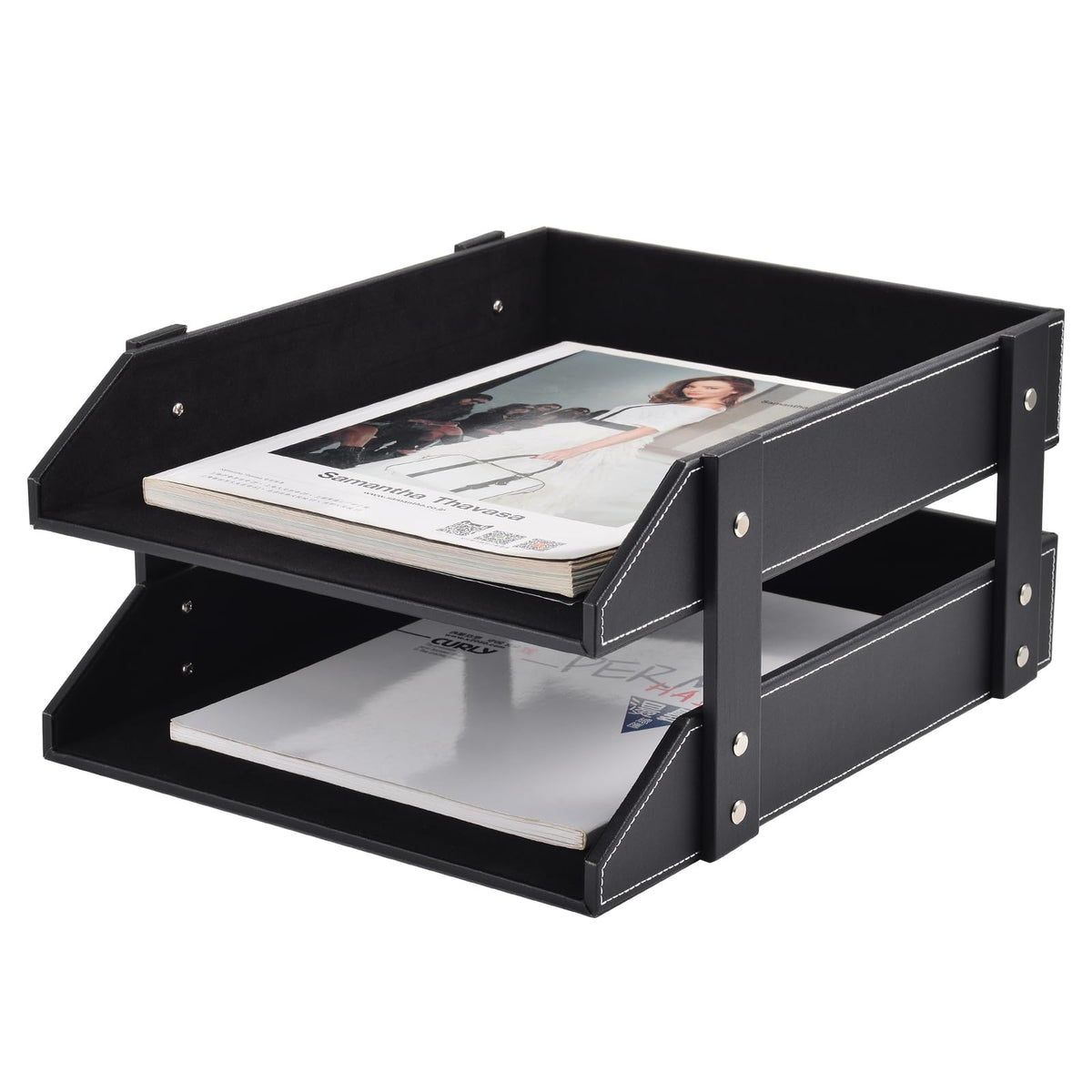 Leather Desk Organizer,2-Tier Stackable Letter Tray Holder,Office Supplies Desktop Storage Box for Document,Stationery,Magazines,Newspapers,Letters and Other Home Office Paper Sundries,Black