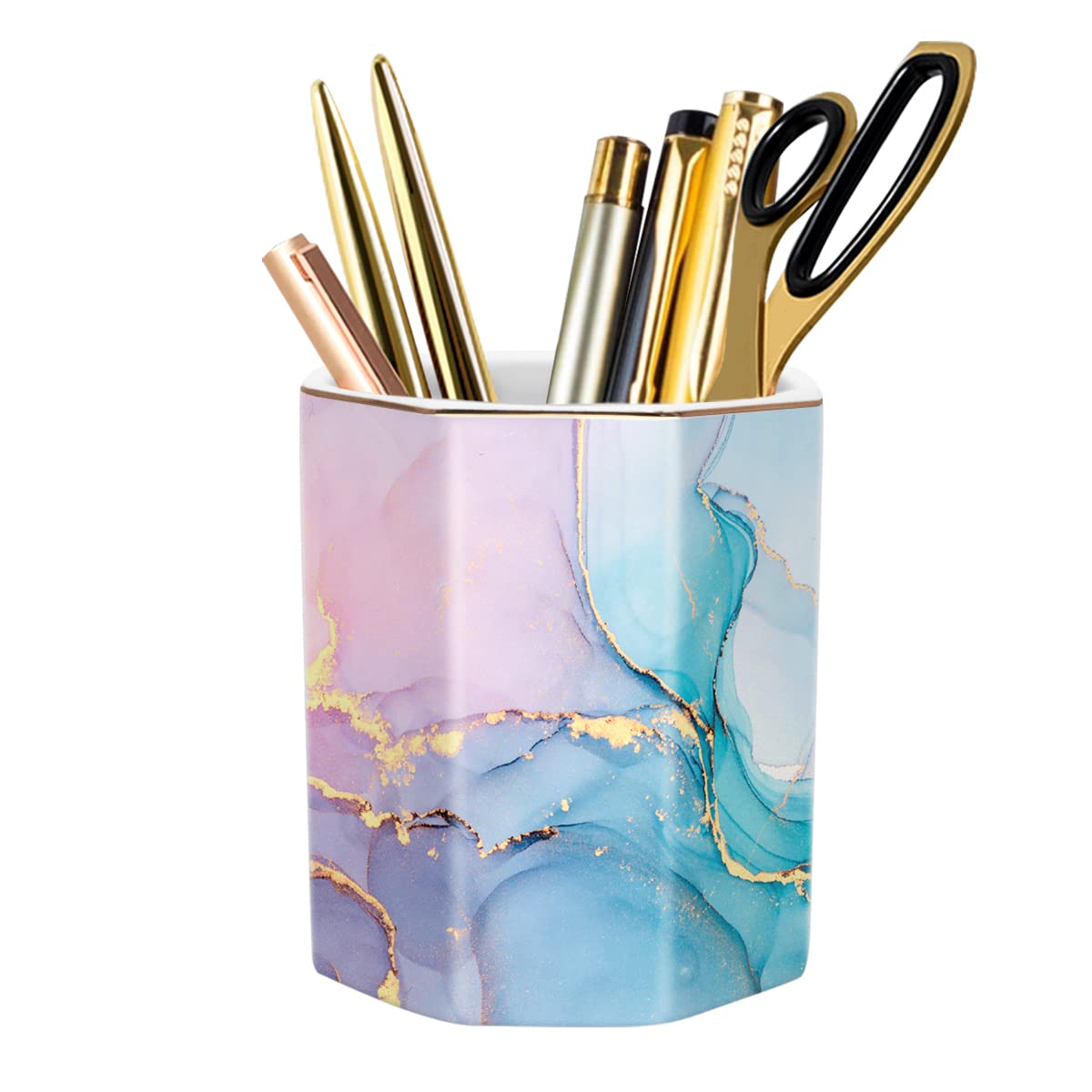 Pencil Holder, Pencil Cup for Desk, Makeup Brush Holder Cup, Cute Pencil Stand Marble Decorative for Kids Durable Ceramic Desk Organizer for Office, Classroom, Home, Antique Green Marble