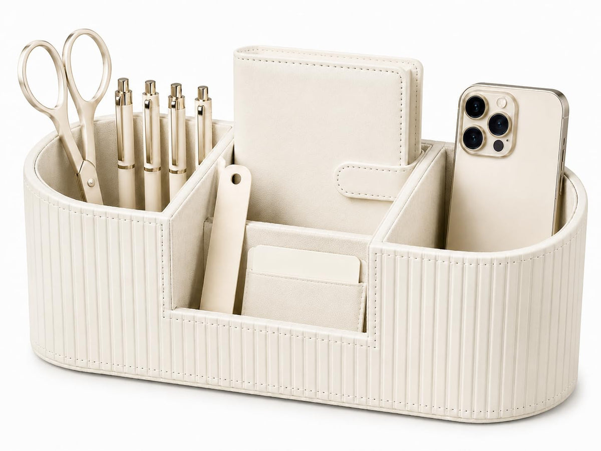 KINGFOM Aesthetic Desk Organizer for Women, Luxury Faux Leather Desk Accessories with 4 Compartments, Minimalist Vanity Organizer for Makeup Brushes, Beige Office Decor for Home, Bedroom & Workspace