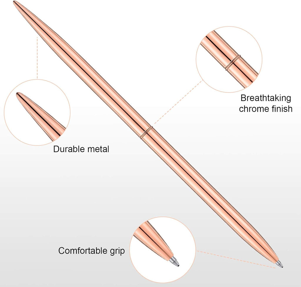 Zonon 8 Piece Gold Slim Pens Metal Ballpoint Rose Metallic Twist Black Ink Pen 1.0 mm Glossy Retractable Writing for Home School Students Teachers Wedding Gift, Rose, Gold, Steel, Silver