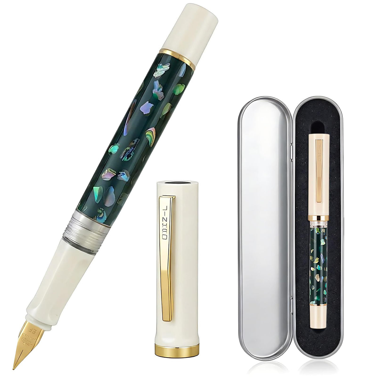 Jinhao 58 Fountain Pen Gift Set of 2 - Natural Sea Shell Inlay Fine Nib Luxury Writing Pens with Jinhao Orange Box & Ink Converters, Black & White