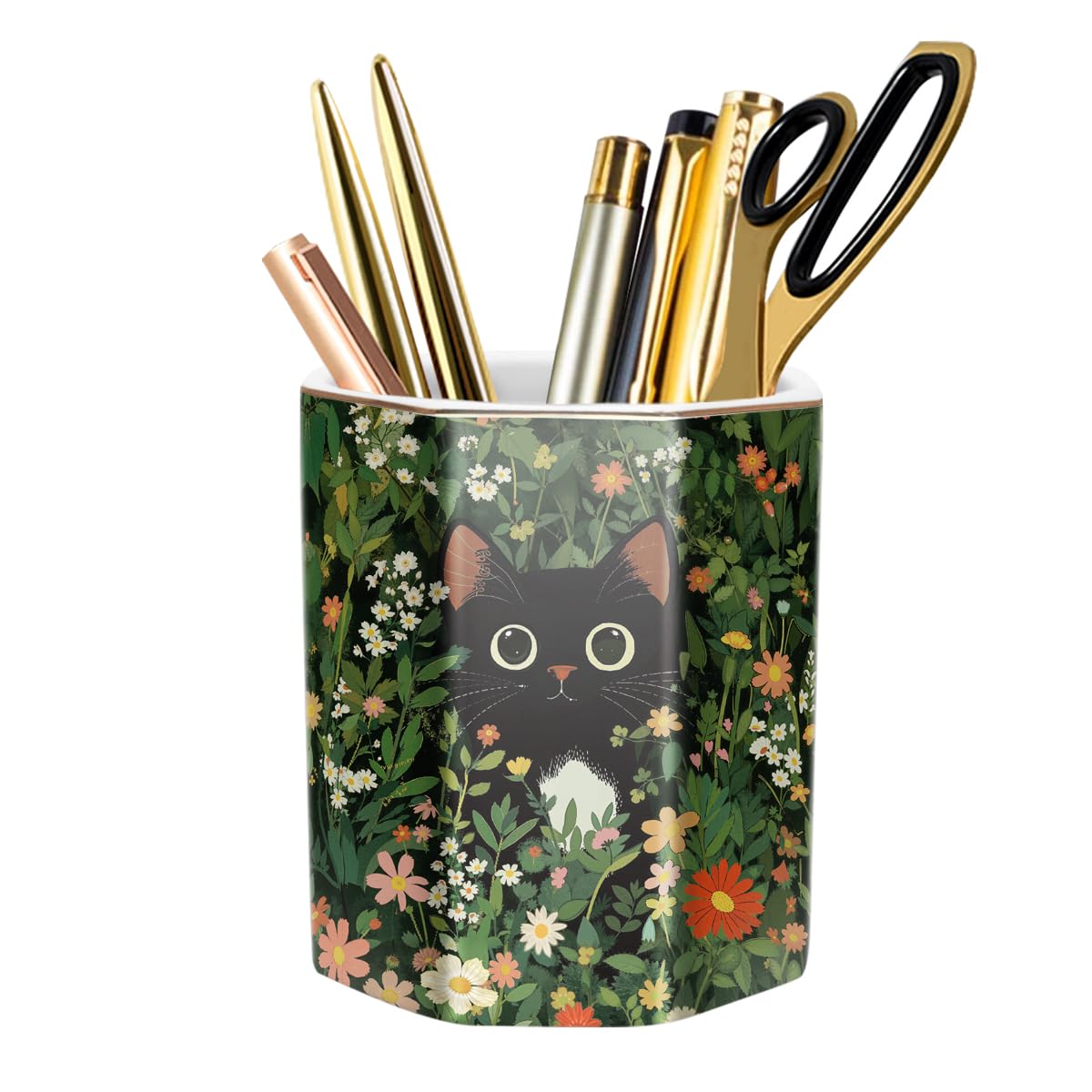 Pencil Holder, Pencil Cup for Desk, Makeup Brush Holder Cup, Cute Pencil Stand Marble Decorative for Kids Durable Ceramic Desk Organizer for Office, Classroom, Home, Antique Green Marble