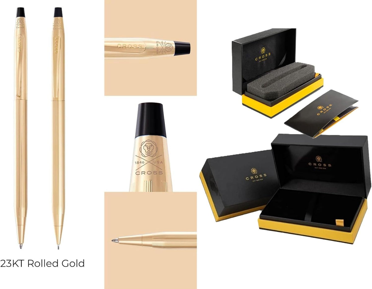 Cross Classic Century Ballpoint Pen and 0.7MM Mechanical Pencil Set, 23KT Gold Plated, Medium Point, Refillable, in corporate gift box