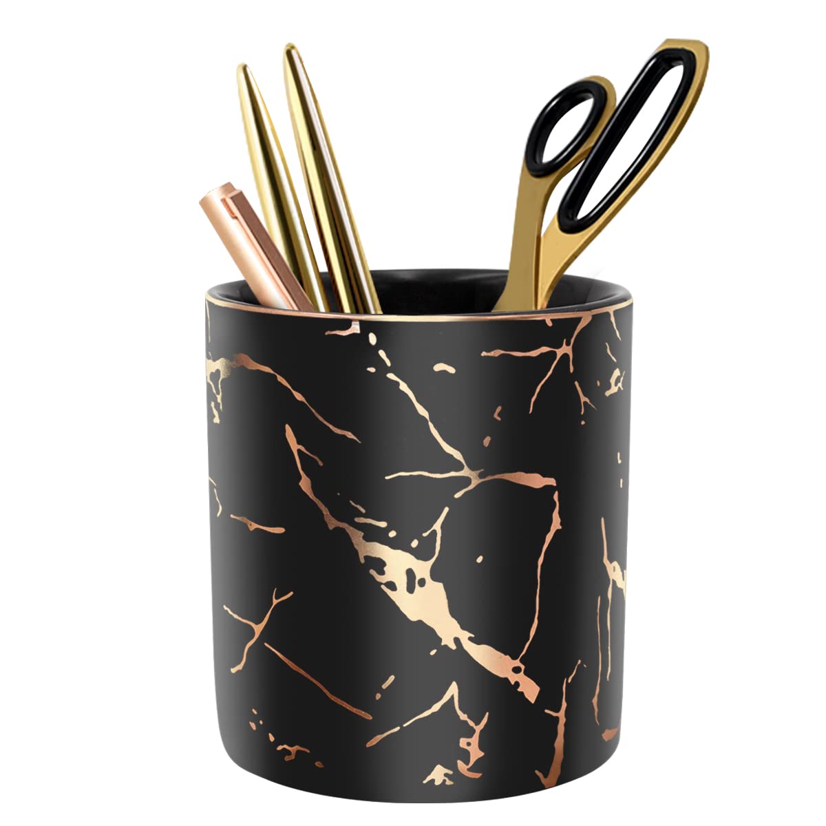 Large Capacity Colored Pen Holder for Desk, Ceramic Pencil Holder Pen Cup Marker Holder Makeup Brush Holders, Desk Accessories & Workspace Organizers for Home, Office, White Flower