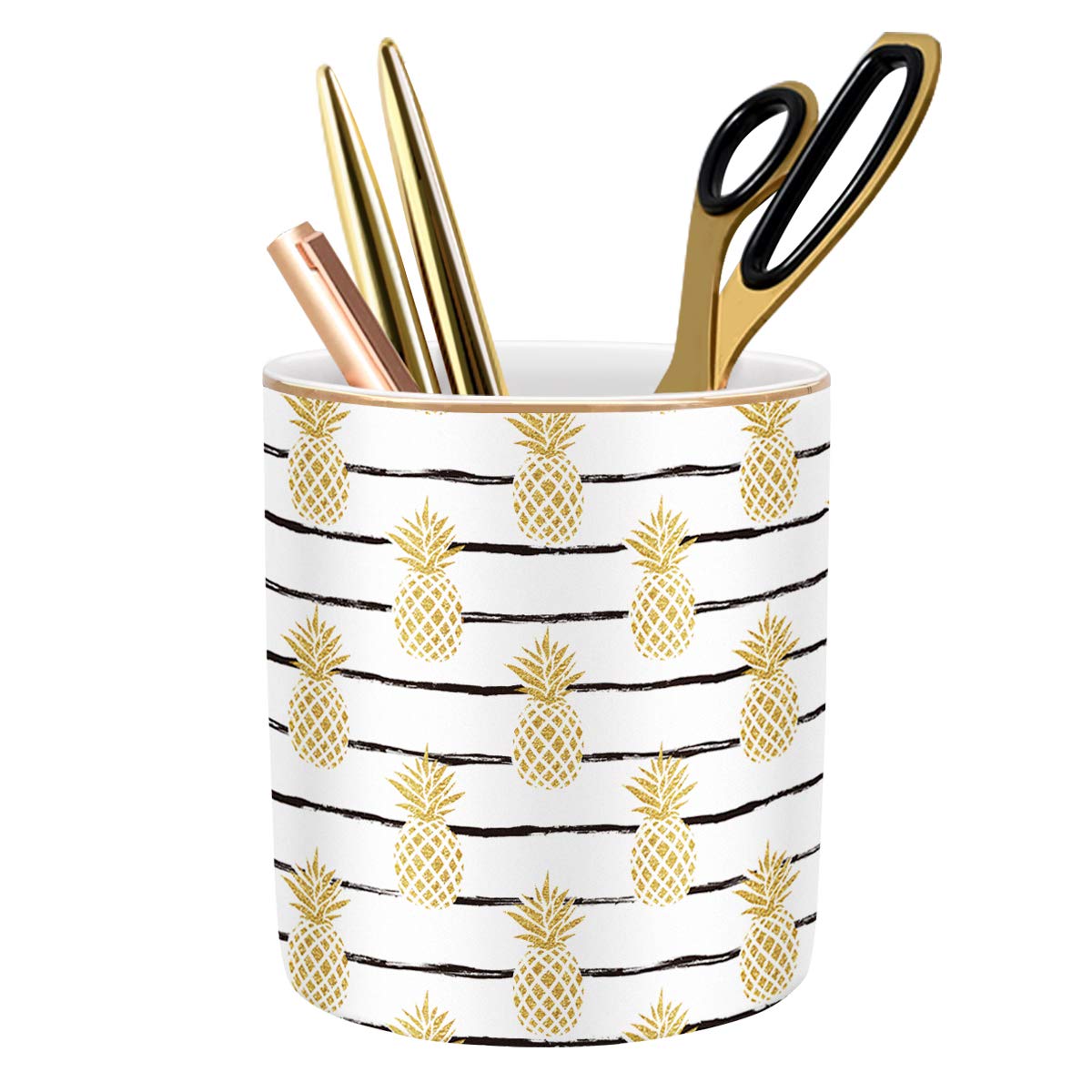 Large Capacity Colored Pen Holder for Desk, Ceramic Pencil Holder Pen Cup Marker Holder Makeup Brush Holders, Desk Accessories & Workspace Organizers for Home, Office, White Flower