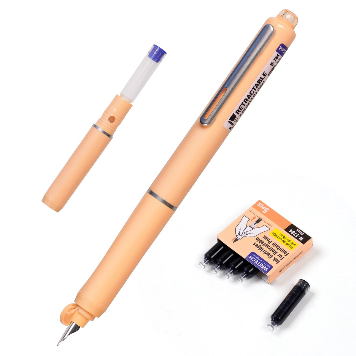 WRITECH Fountain Pen Fine Nib: Retractable Black Ink Pens Set Includes 5 Ink Cartridges Smooth Writing for Calligraphy Sketching Journaling Gift (Purple)