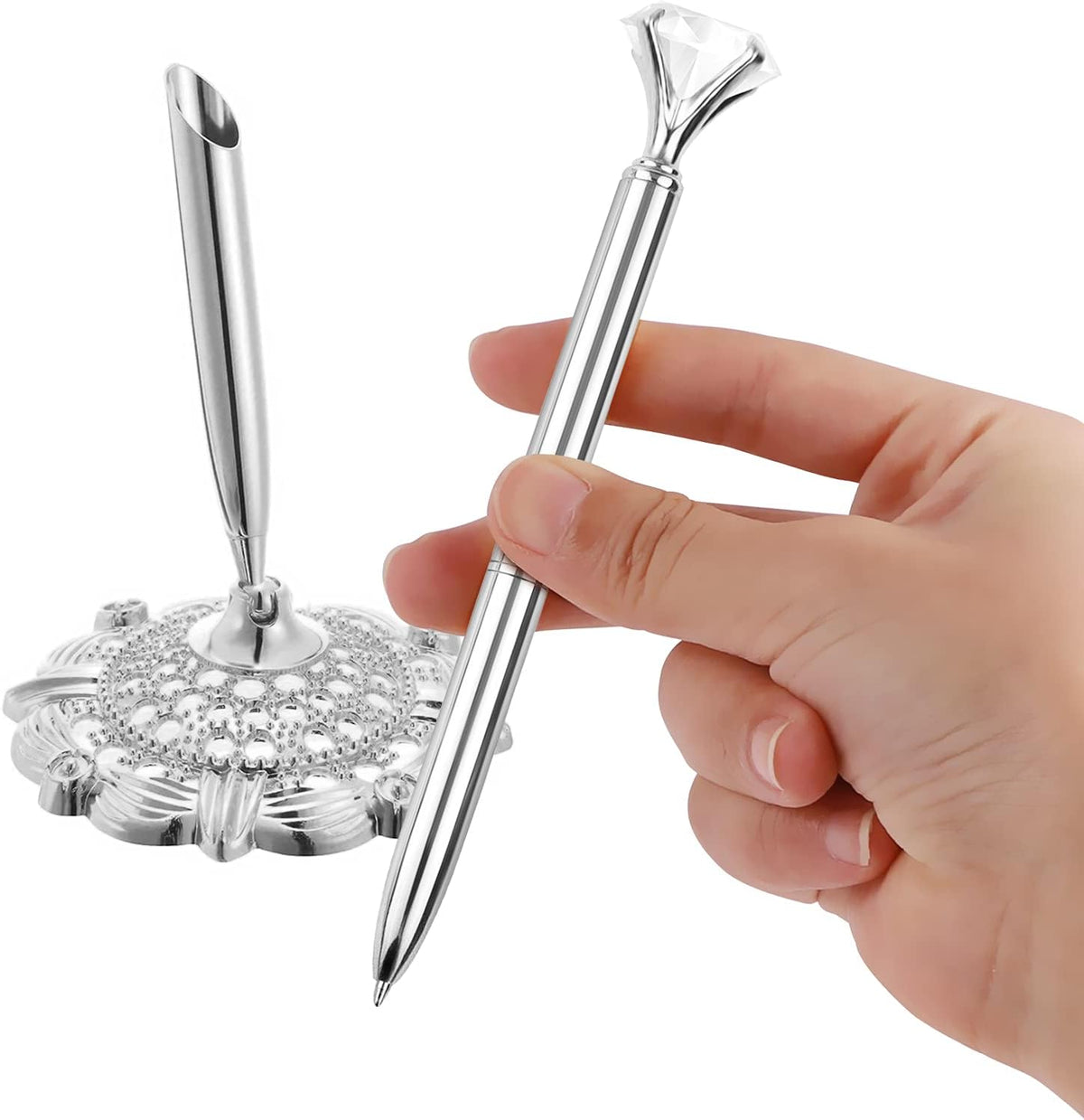 Hollow Round Pen Holder Signing Pen Set with Big Diamond Crystal Pen for Wedding Bridal Opening Ceremony Graduation Office, Silver(Black Ink)