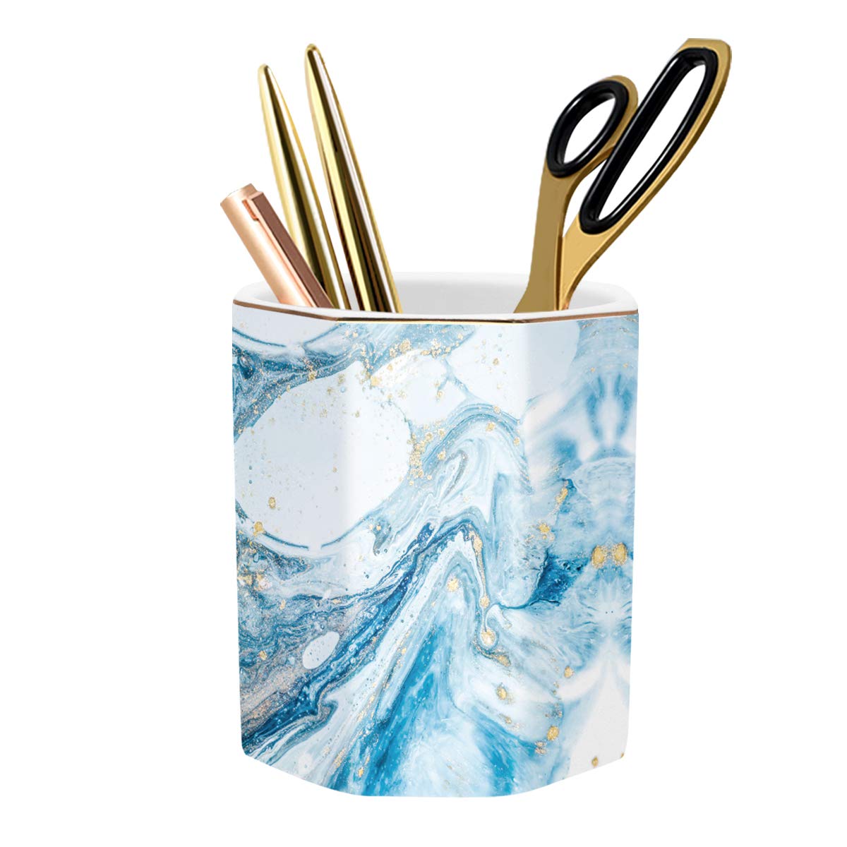 Pencil Holder, Pencil Cup for Desk, Makeup Brush Holder Cup, Cute Pencil Stand Marble Decorative for Kids Durable Ceramic Desk Organizer for Office, Classroom, Home, Antique Green Marble