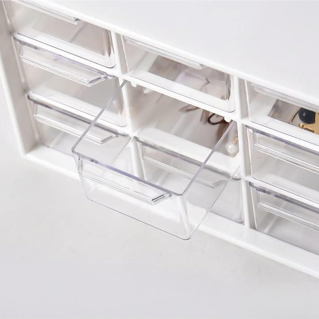 Small Drawer Organizer for Desk, 7.1" x 3. 8" x 4.6" Mini Desktop Drawer Organizer with 9 Clear Drawers, Plastic Desktop Craft Storage Box for Desk Office School Home (White)