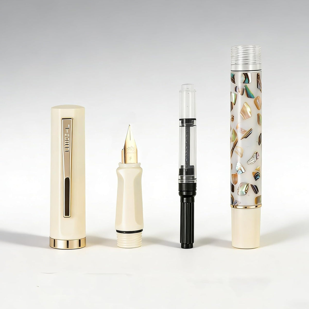 Jinhao 58 Fountain Pen Gift Set of 2 - Natural Sea Shell Inlay Fine Nib Luxury Writing Pens with Jinhao Orange Box & Ink Converters, Black & White