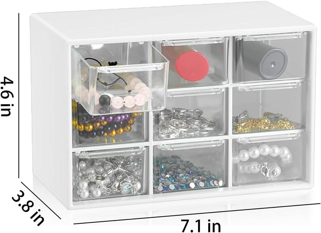 Small Drawer Organizer for Desk, 7.1" x 3. 8" x 4.6" Mini Desktop Drawer Organizer with 9 Clear Drawers, Plastic Desktop Craft Storage Box for Desk Office School Home (White)