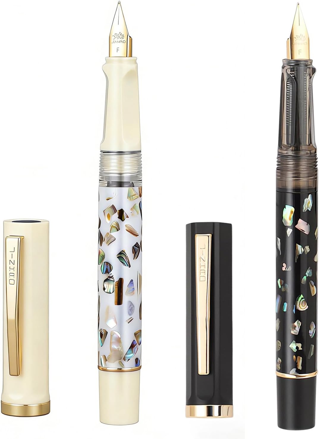 Jinhao 58 Fountain Pen Gift Set of 2 - Natural Sea Shell Inlay Fine Nib Luxury Writing Pens with Jinhao Orange Box & Ink Converters, Black & White