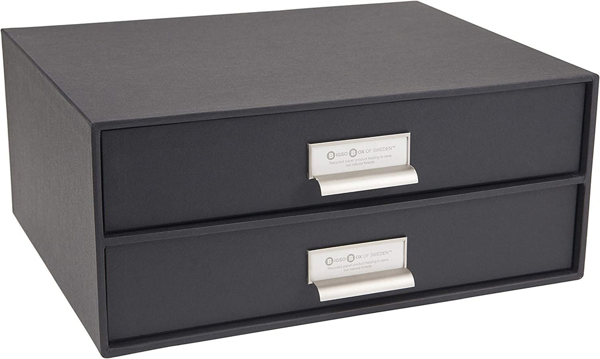 Bigso Box of Sweden Birger 2-Drawer Fiberboard Label Frame Document Letter Box | Desktop Drawers for Loose Papers, Documents & More with Metal Label Holder | 13.1" x 10" x 5.7" | White