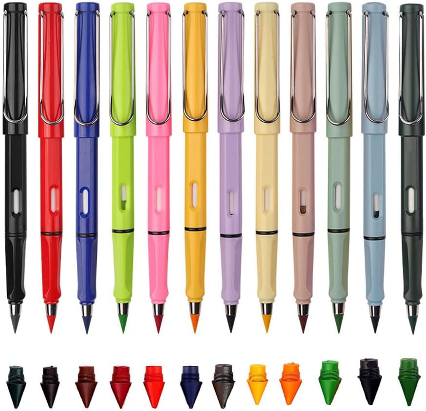 12 Sets Everlasting Pencil, Infinity Pen, NO-Sharpening Pencils for Writing Drawing Students Sustainable for Home Office School Supplies (12 Pens + 12 Erasers + 12 Replaceable Nibs)