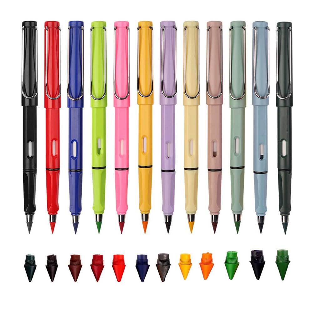 12 Sets Everlasting Pencil, Infinity Pen, NO-Sharpening Pencils for Writing Drawing Students Sustainable for Home Office School Supplies (12 Pens + 12 Erasers + 12 Replaceable Nibs)