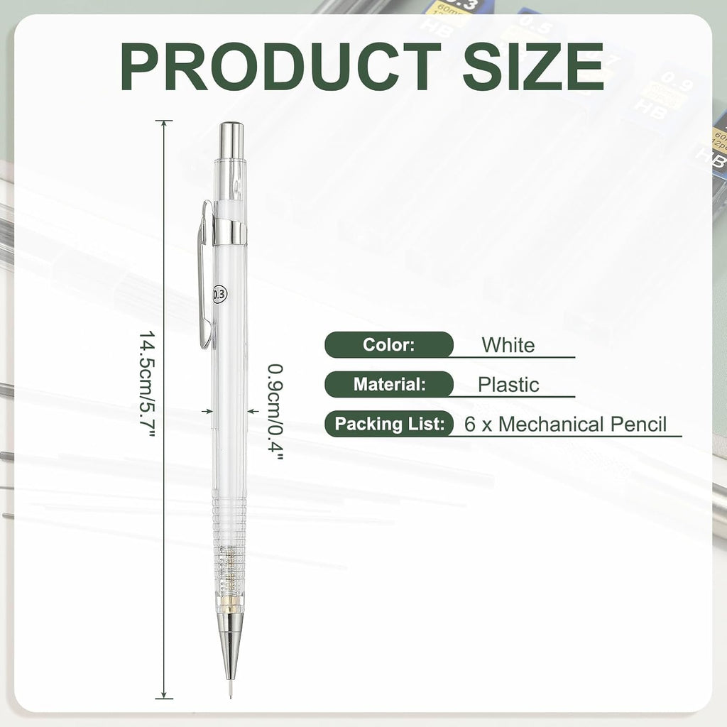 PATIKIL 6Pcs Mechanical Pencil 0.9mm, Lead Pencils Mechanical Holder Broad Point Automatic Plastic Holder with Eraser for Drawing Art Sketching Woodworking, White