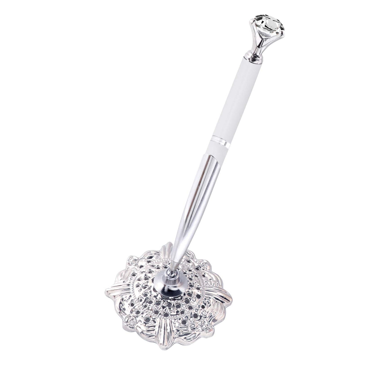Hollow Round Pen Holder Signing Pen Set with Big Diamond Crystal Pen for Wedding Bridal Opening Ceremony Graduation Office, Silver(Black Ink)