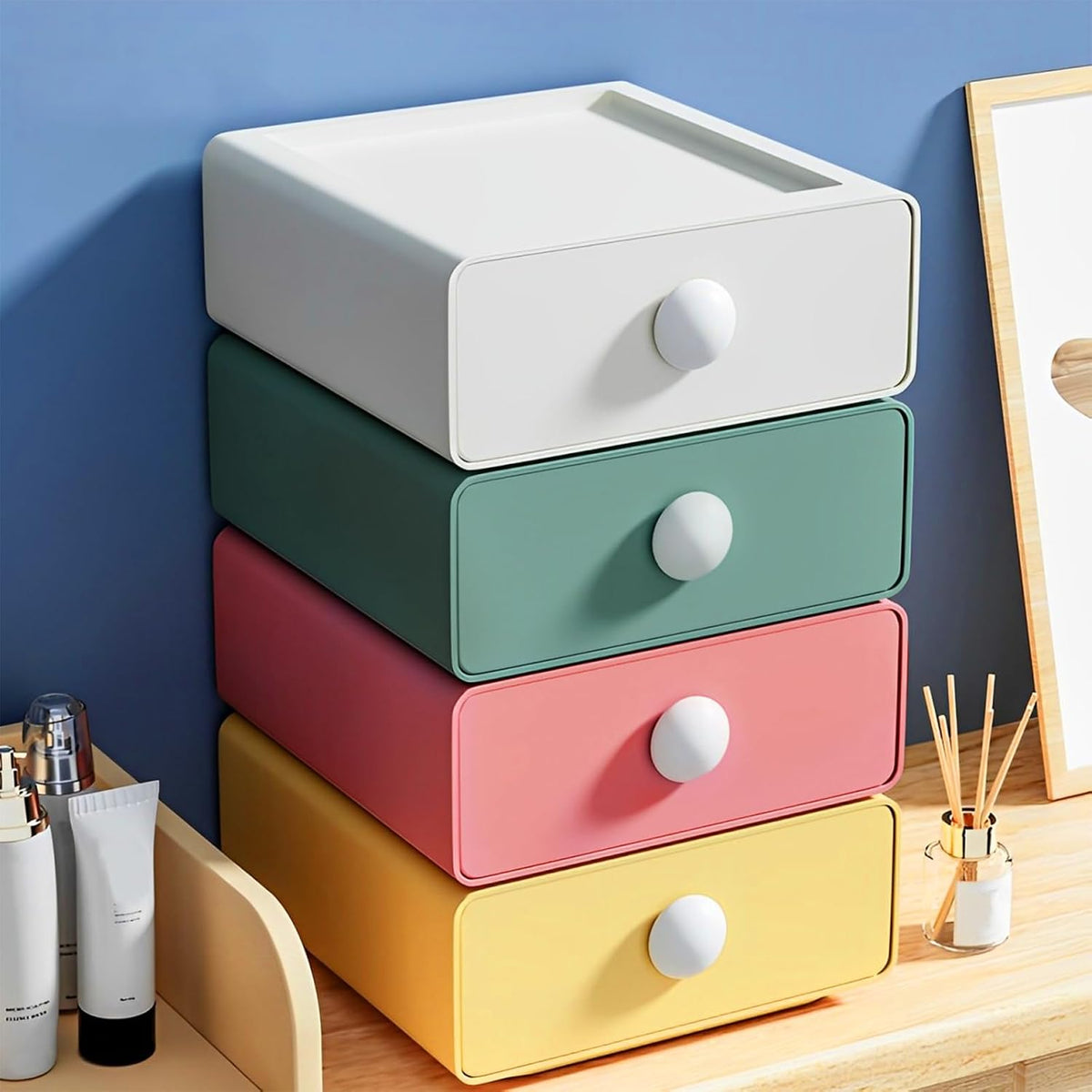 RETON 4 PCS Desktop Storage Drawers, Stackable Desk Organizer with Drawers, Large Capacity Desktop Storage Box for Office, School, Room, Dorm, Bathroom (4 Colors)