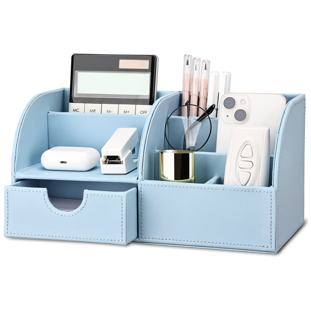 KINGFOM Pu Leather Desk Organizer Pen Pencil Holder Office Supplies Caddy Storage Box 6 Compartments with Drawer Black