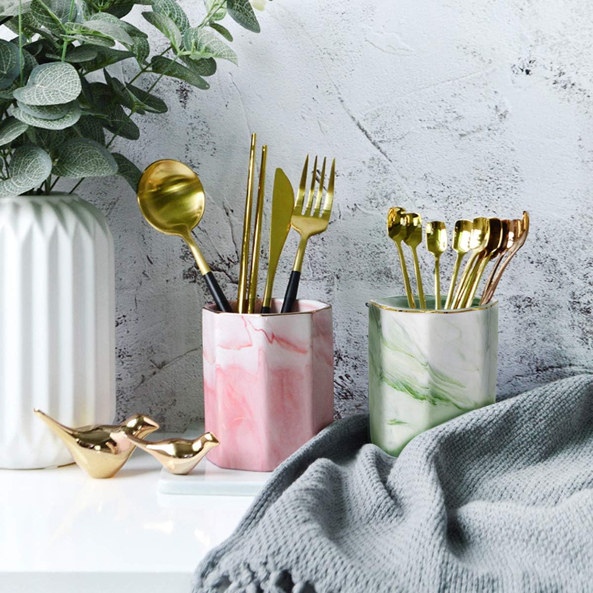 Pencil Holder, Pencil Cup for Desk, Makeup Brush Holder Cup, Cute Pencil Stand Marble Decorative for Kids Durable Ceramic Desk Organizer for Office, Classroom, Home, Antique Green Marble