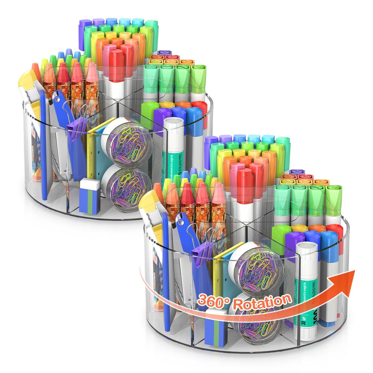 Mefirt Acrylic Pen Holder, 360 Degree Rotating Pen Organizer, Rotating Desk Acrylic Office Organizer with 6 Compartments, Marker Organizer for Kid, Crayon Caddy School Art Supply Storage Organizer