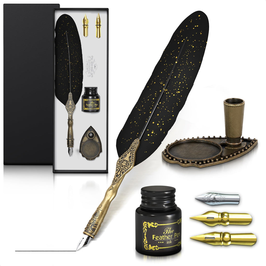 Lagarto Feather Pen and Ink Set, 11.4", 6 Steel Nibs, Inkwell (Red)