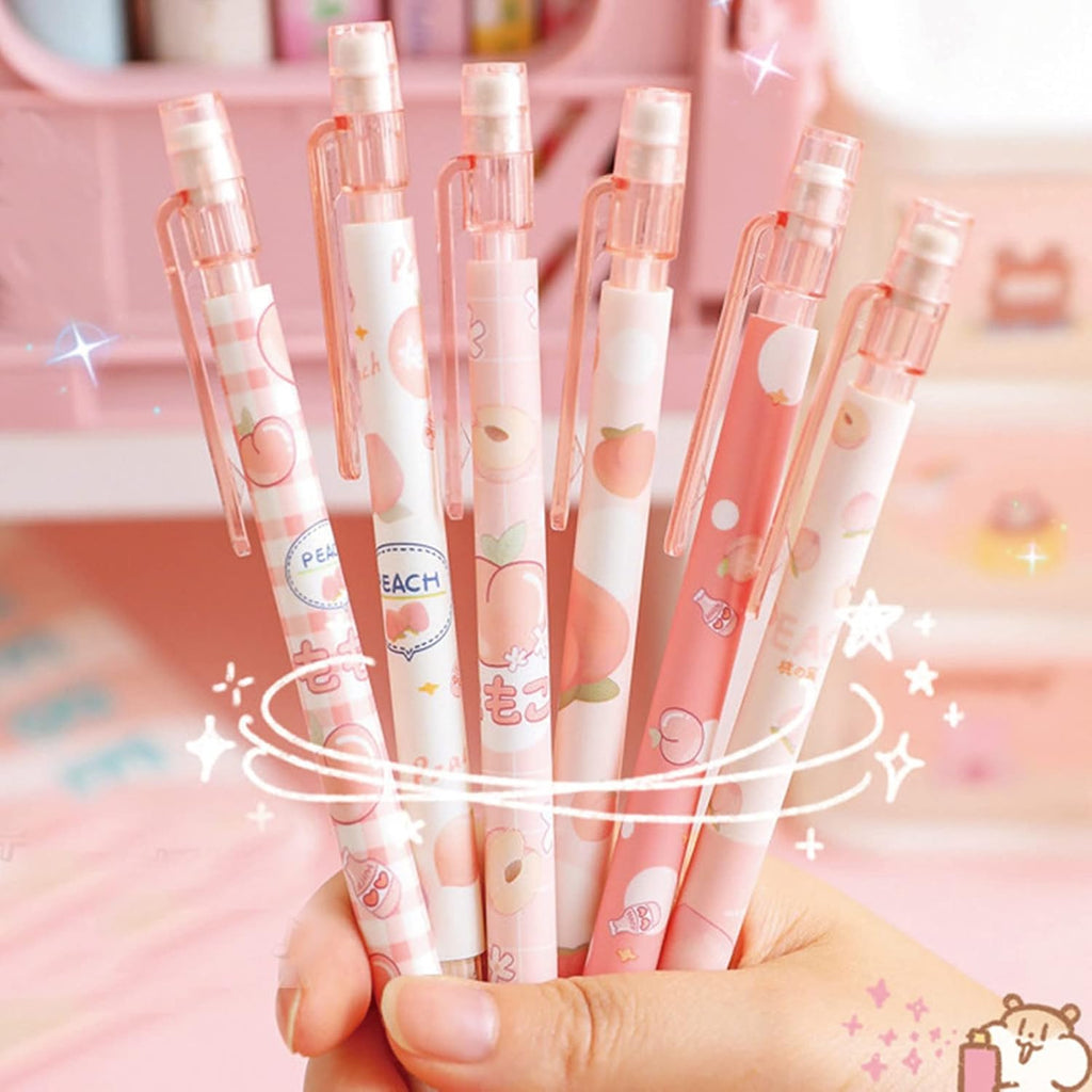 MOZXIRZ 6 Pcs Cute Mechanical Pencils with Eraser 0.5mm Cartoon Peach Mechanical Pencil School Pencil for Women (6pcs Peach/No Refill)