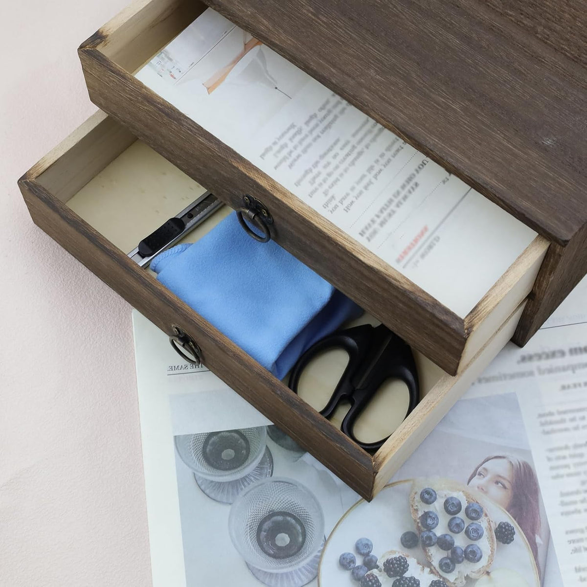 Wooden Desk Organizer 10" x 9.5" x 4.4" Mini Desk Drawer Tabletop Storage Organization Box Vintage Decorative Small Wooden Box（2 Floors）