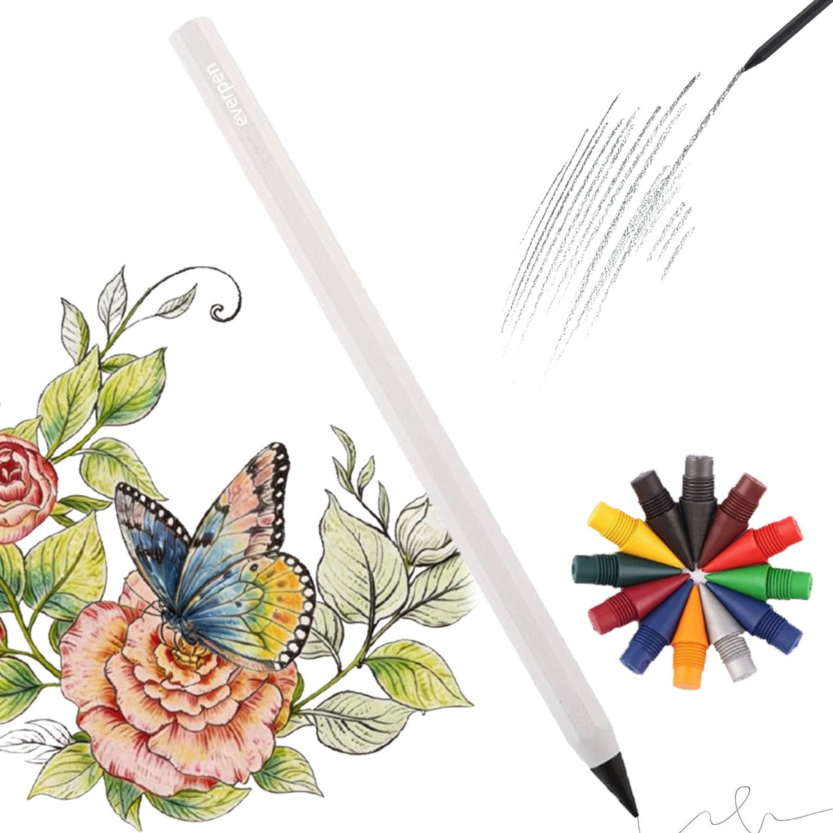 Forever Pencil,Metal Alloy Writing Instrument, With 12 Colored Refill Tips, No Sharpening Required, Pencils for Drawing, Sketching and Writing,Bonus Gift Storage Box (Black, No Gift Box)