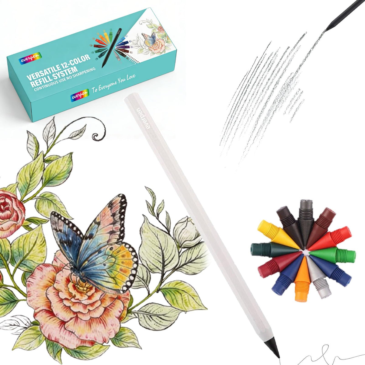 Forever Pencil,Metal Alloy Writing Instrument, With 12 Colored Refill Tips, No Sharpening Required, Pencils for Drawing, Sketching and Writing,Bonus Gift Storage Box (Black, No Gift Box)