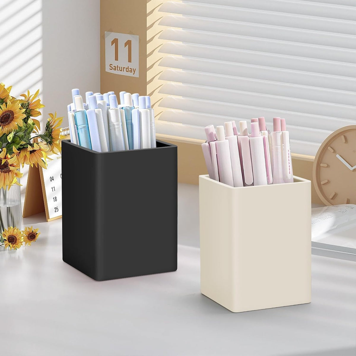 Pen Holder for Desk,Nordic Elegance Square Silicone Pencil Holder Soft Minimalist Desk Pen Cup Stand Waterproof Multifunctional Office Supplies for Home,Kids and School(Black)