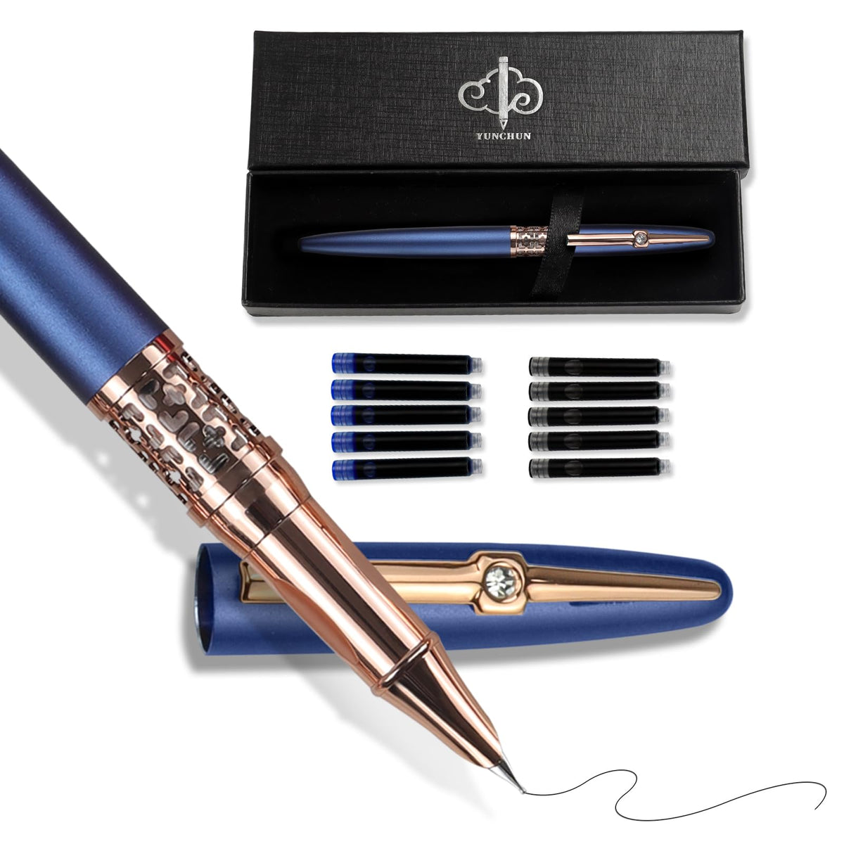 YUNCHUN Refillable Fountain Pen Medium Nib, Fancy Ink Pen with 10 Black & 10 Blue Ink Refills Cartridges, Cool Ink Pens for Writing, Business Metal, Best Gift Set for Men & Women, Red