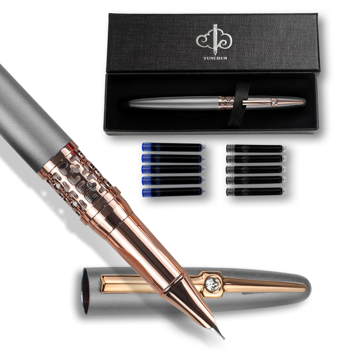 YUNCHUN Refillable Fountain Pen Medium Nib, Fancy Ink Pen with 10 Black & 10 Blue Ink Refills Cartridges, Cool Ink Pens for Writing, Business Metal, Best Gift Set for Men & Women, Red
